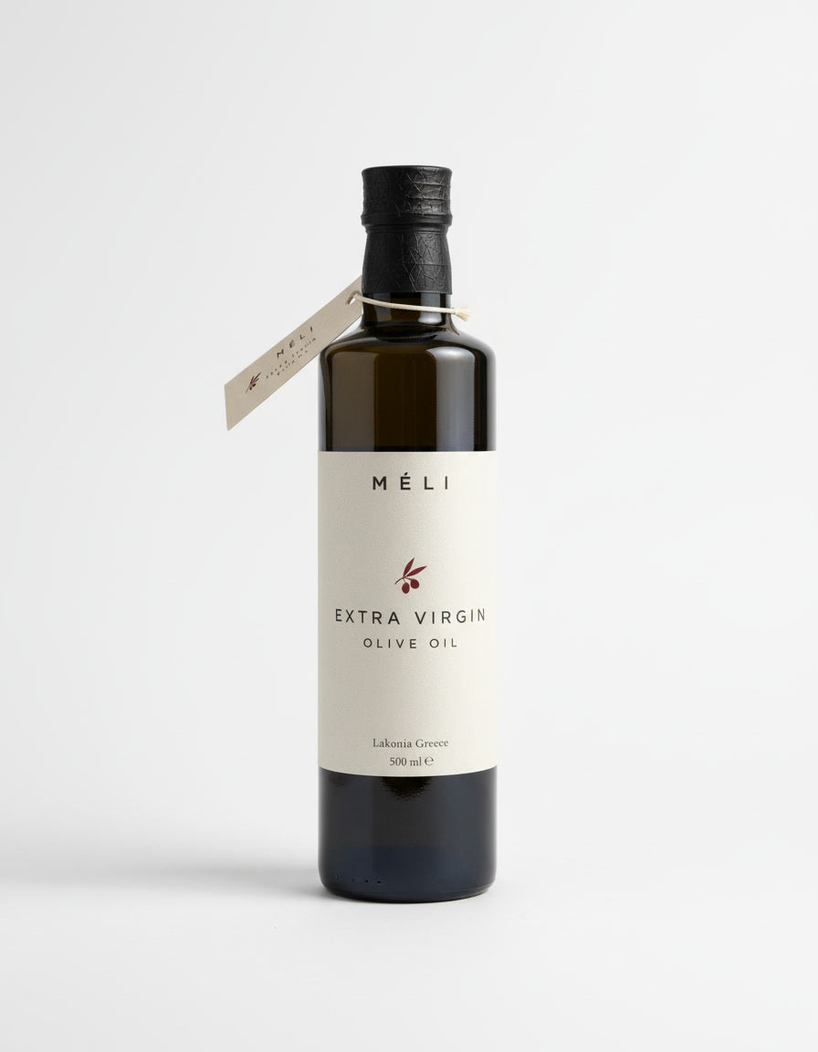 MÉLI 500 ml i mörkgrön Dorica-flaska med den slutliga elfenbensfärgade etiketten