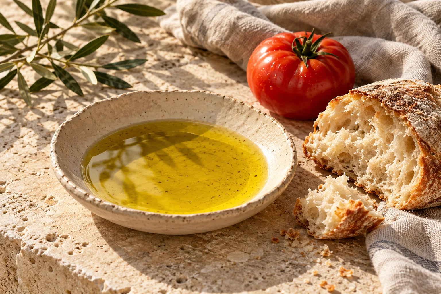 Serving suggestion: olive oil, bread and tomato on a pale stone table